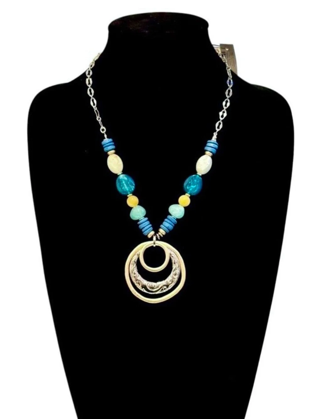 CHICO’s Coastal Two-Tone Medallion Blue Beaded Bib Necklace | NWT
